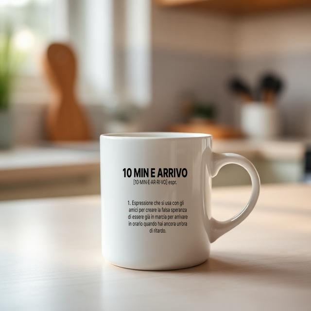Tazza “10 MIN E ARRIVO” – Definizione Ironica in Stile Dizionario