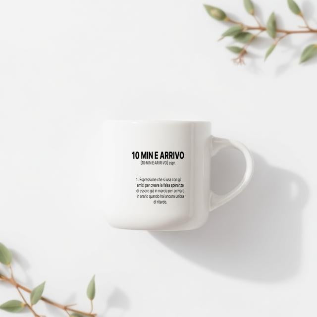Tazza “10 MIN E ARRIVO” – Definizione Ironica in Stile Dizionario