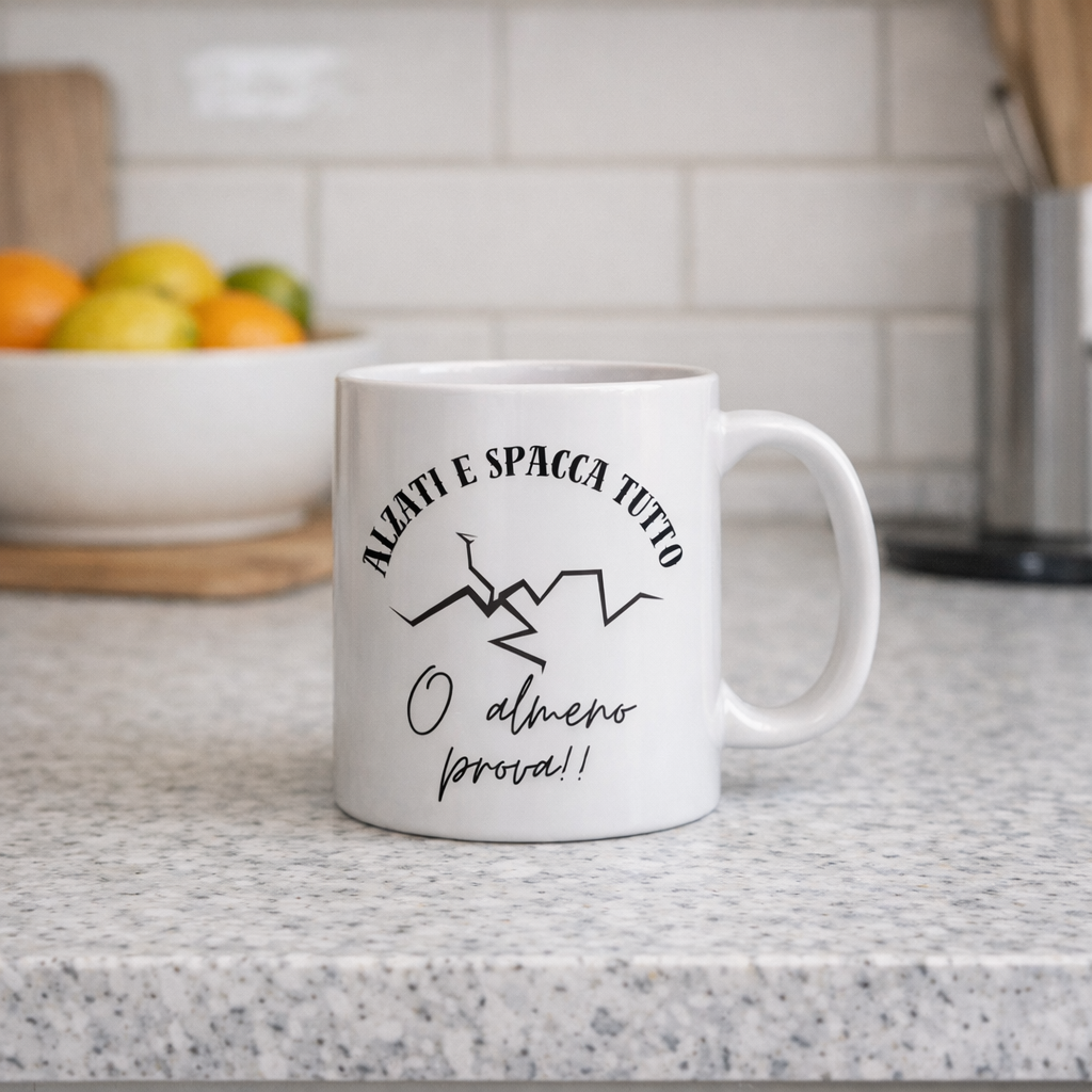 Tazza Motivazionale “ALZATI E SPACCA TUTTO” – Mug Ironica e Ribelle per Giovani Adulti | Ceramica Bianca Premium 330ml