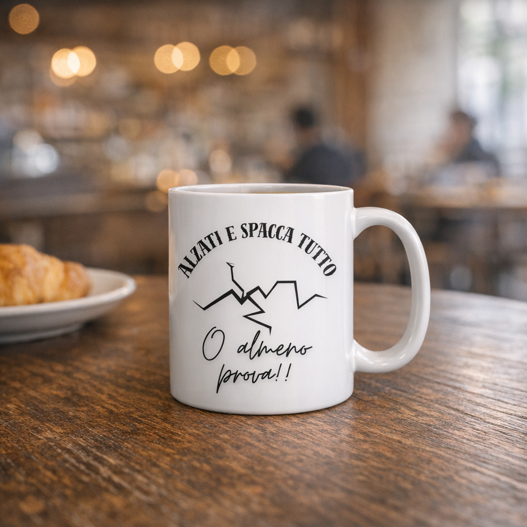 Tazza Motivazionale “ALZATI E SPACCA TUTTO” – Mug Ironica e Ribelle per Giovani Adulti | Ceramica Bianca Premium 330ml
