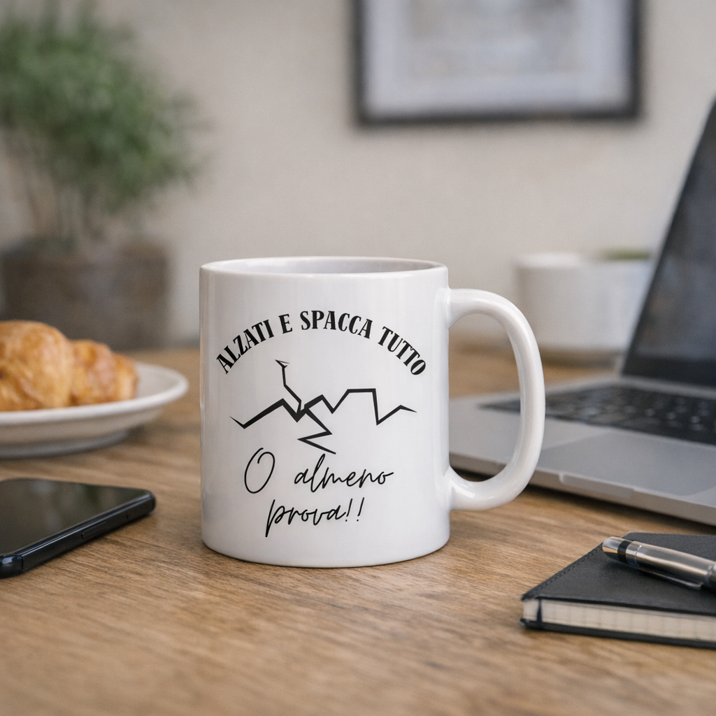 Tazza Motivazionale “ALZATI E SPACCA TUTTO” – Mug Ironica e Ribelle per Giovani Adulti | Ceramica Bianca Premium 330ml